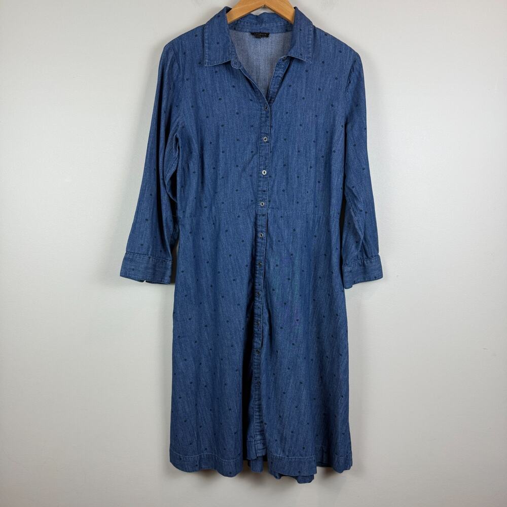 Talbots Shirt Dress Women 8 Blue Denim Polka Dot Button Front Preppy Western